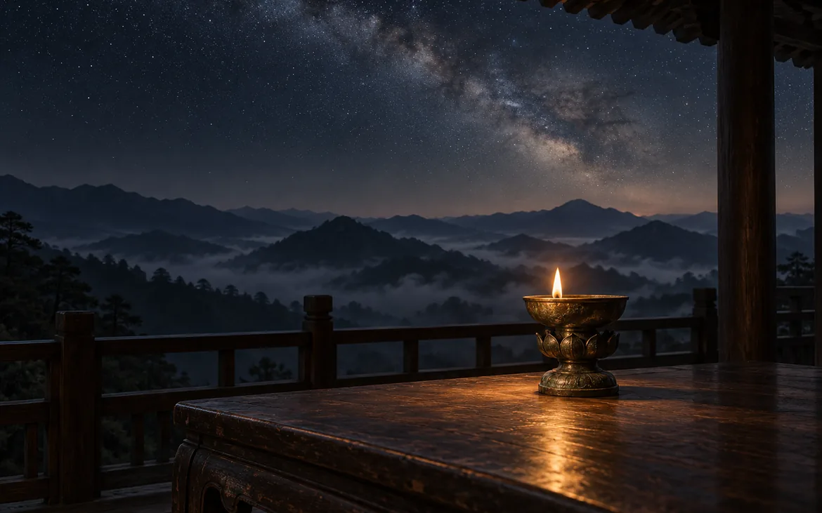 山中亭台,夜裡一盞銅燈照著木案,遠方是銀河與雲海